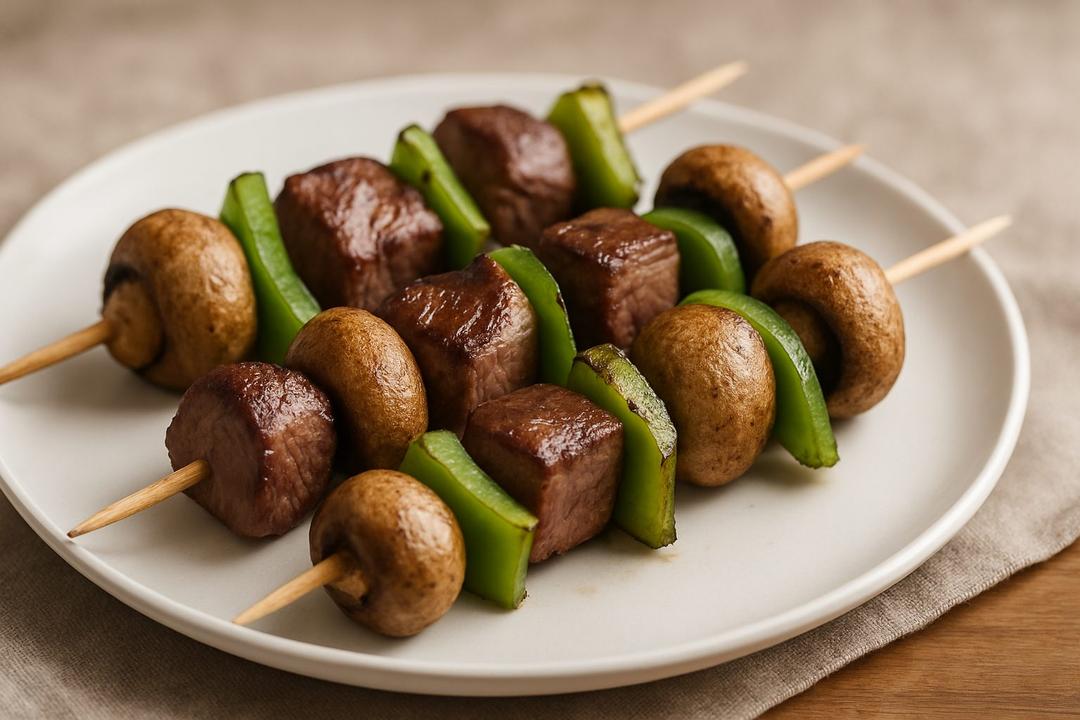 Beef, Pepper and Mushroom Kabobs Recipe (Dijon Honey Marinade)