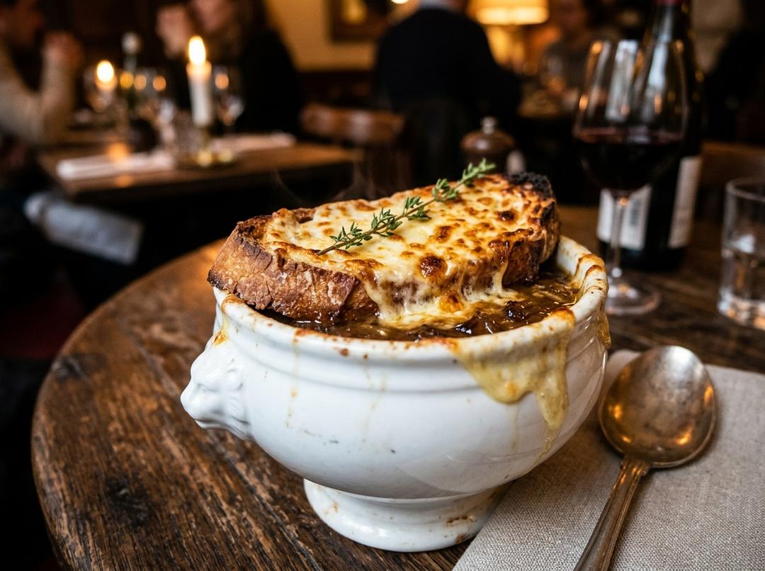 Karamellisierte französische Zwiebelsuppe (Soupe à l'Oignon Gratinée)