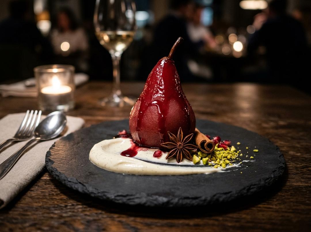 Pochierte Birnen in würzigem Granatapfelsaft (auf einem Bett aus Vanille-Mascarpone)