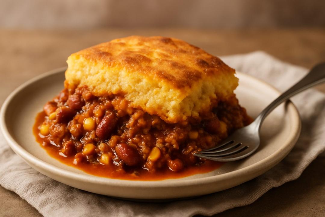 Spoon Bread Chili Pie Recipe (Cornmeal Topped Chili Bake)