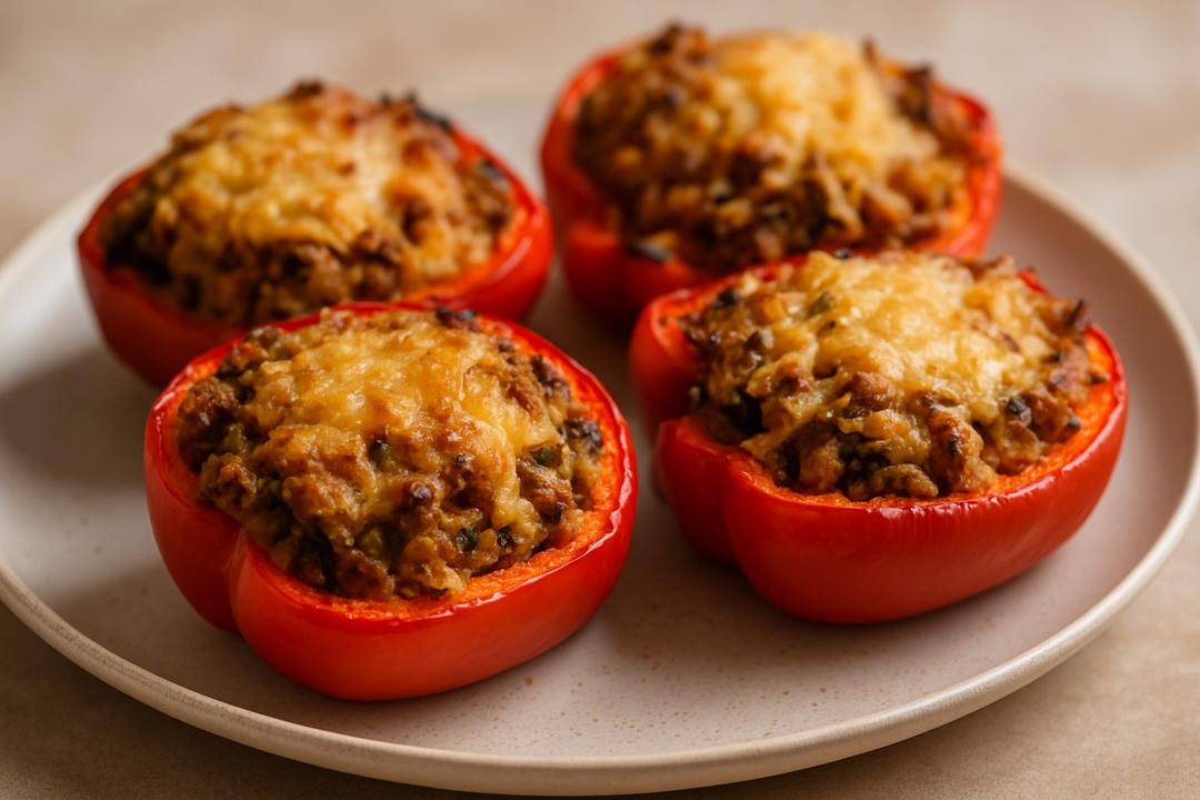 Vegetarian Baked Stuffed Red Bell Peppers Recipe (Rice Filling)